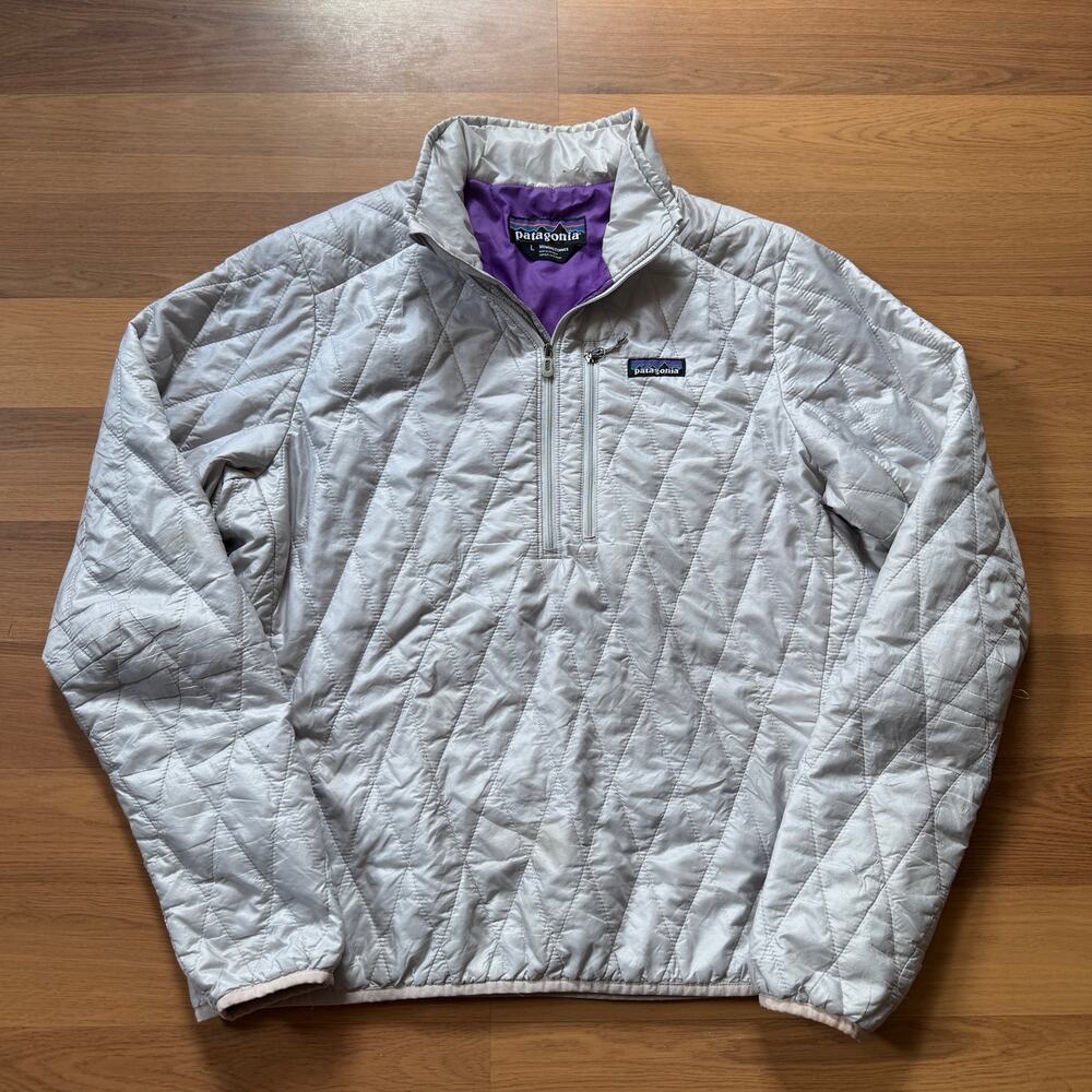 Women's Patagonia Gray Purple Nano Puff Pullover 1/2 Zip Light Jacket Sz Large